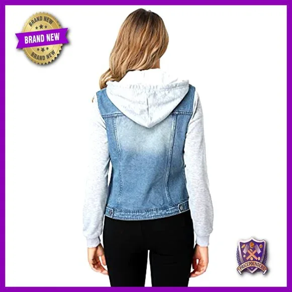 Hooded Denim Jacket Drawstring Layered Sweatshirt Classic Chic Casual Streetwear